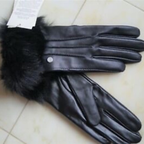 Ugg Black Leather  Fur Trim Gloves Large - Picture 3 of 3